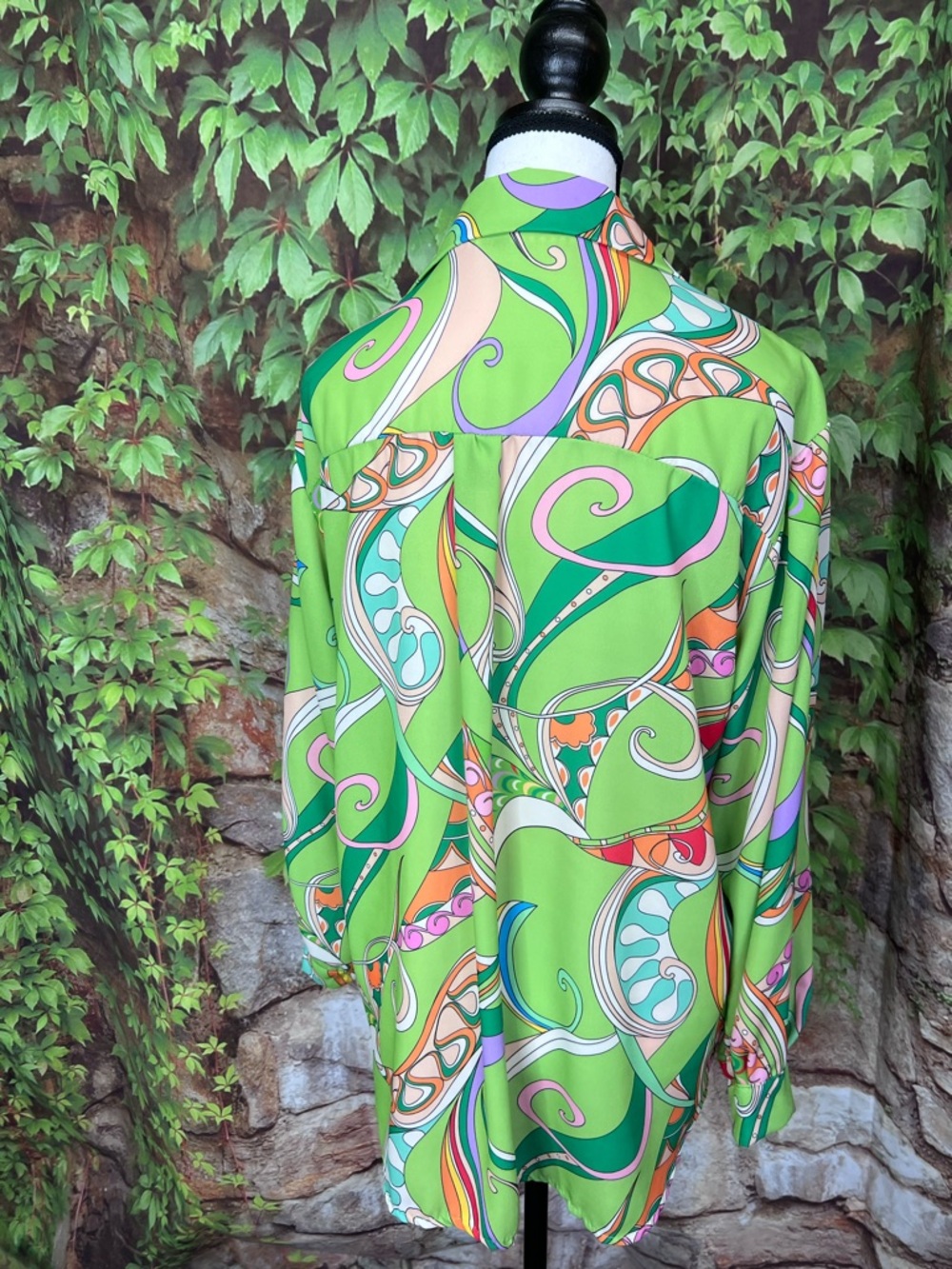 NEW COLLECTION Green Mod Print Button Print Blouse, L* - Picture 7 of 11
